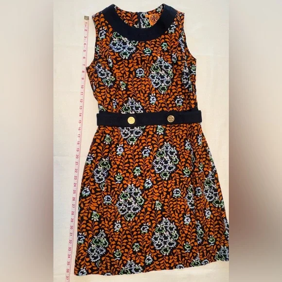 Tory Burch Melanie Linen Floral Sheath Dress Navy Orange Sleeveless Size 10 - Picture 5 of 6